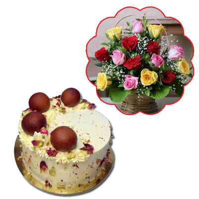 "Round shape Gulab jamun cake - 1kg, Beautiful flower basket - Click here to View more details about this Product